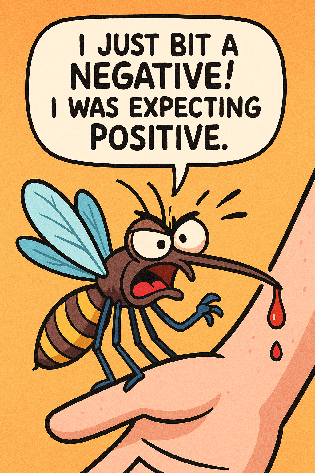 Even mosquitoes get picky about blood types. This annoyed mosquito thought it was getting a positive and is not thrilled about the unexpected negative.