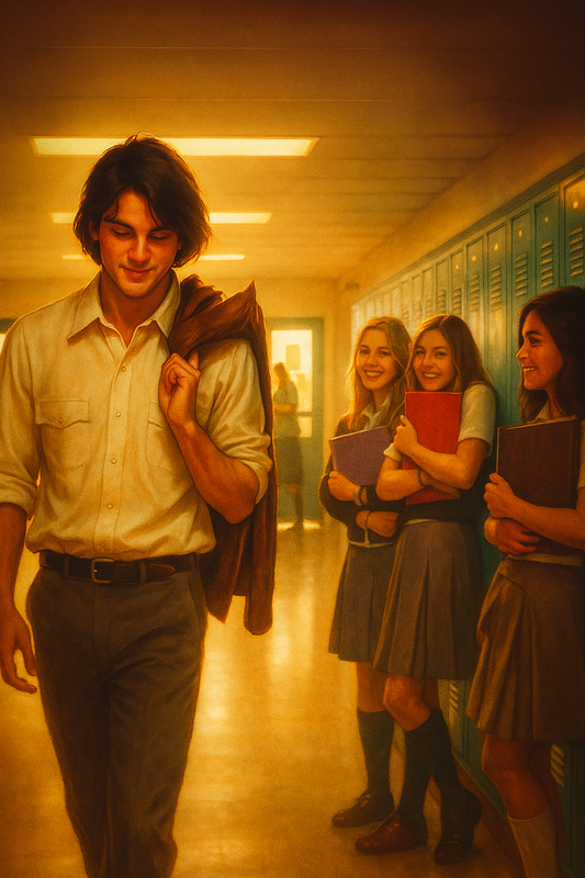 A teenage boy walks down a high school hallway with a jacket slung over his shoulder while three schoolgirls watch him with shy, adoring smiles near their lockers.