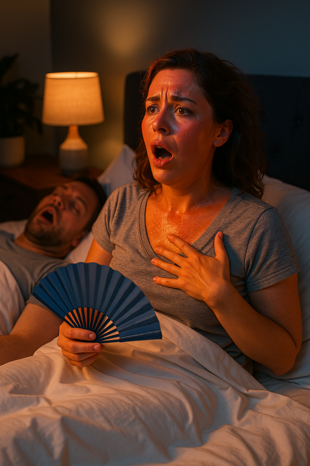 A woman sits upright in bed sweating and fanning herself during a hot flash while her partner sleeps beside her unaware, with a lamp glowing in the background.