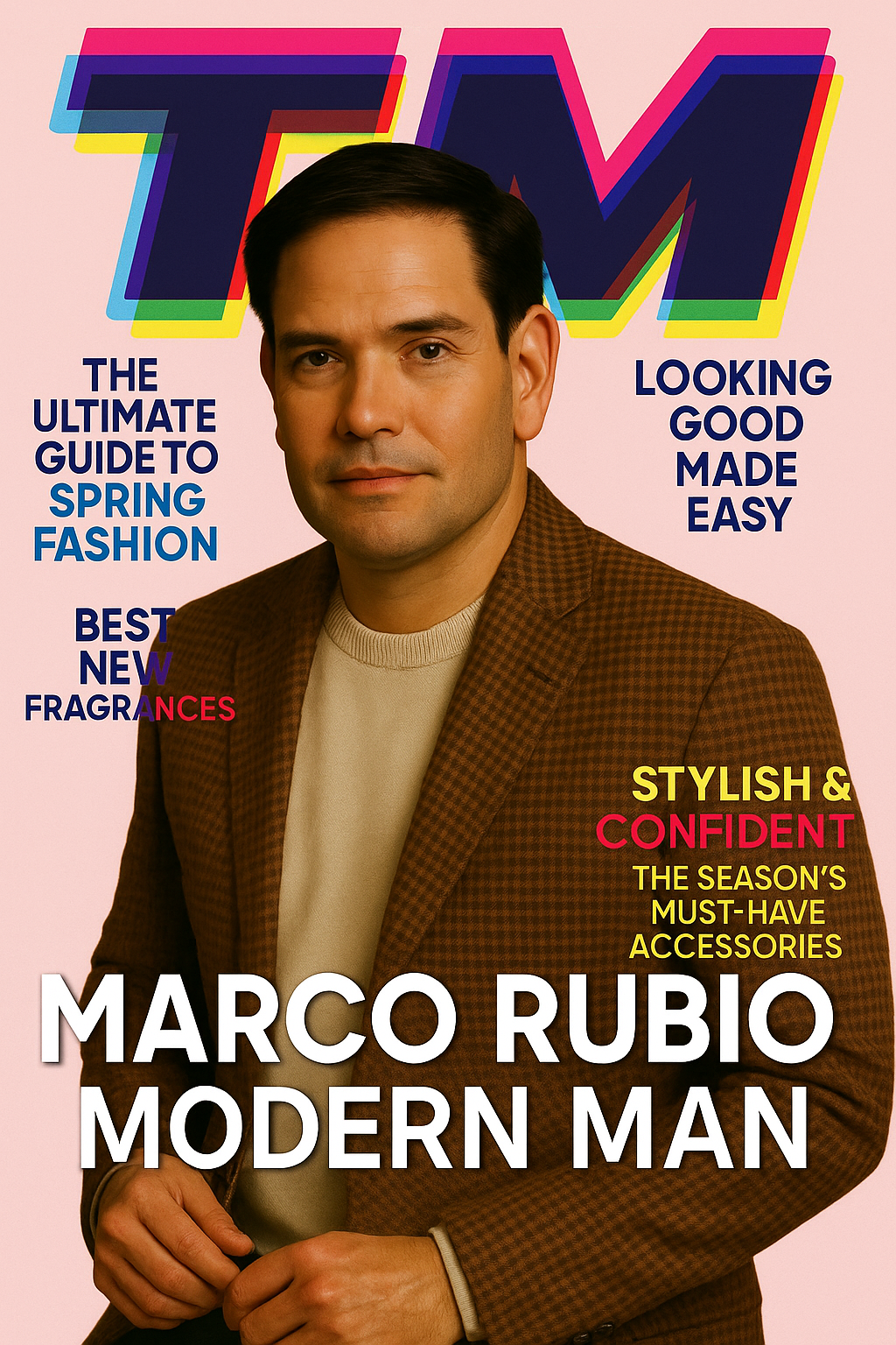 Magazine style cover featuring Marco Rubio wearing a brown checkered blazer and light sweater, with headlines about spring fashion, fragrances and accessories.