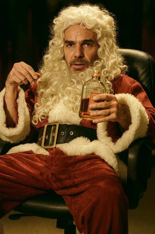 A man dressed in a Santa costume sits slouched in an office chair, holding a bottle of liquor and looking tired and unamused.