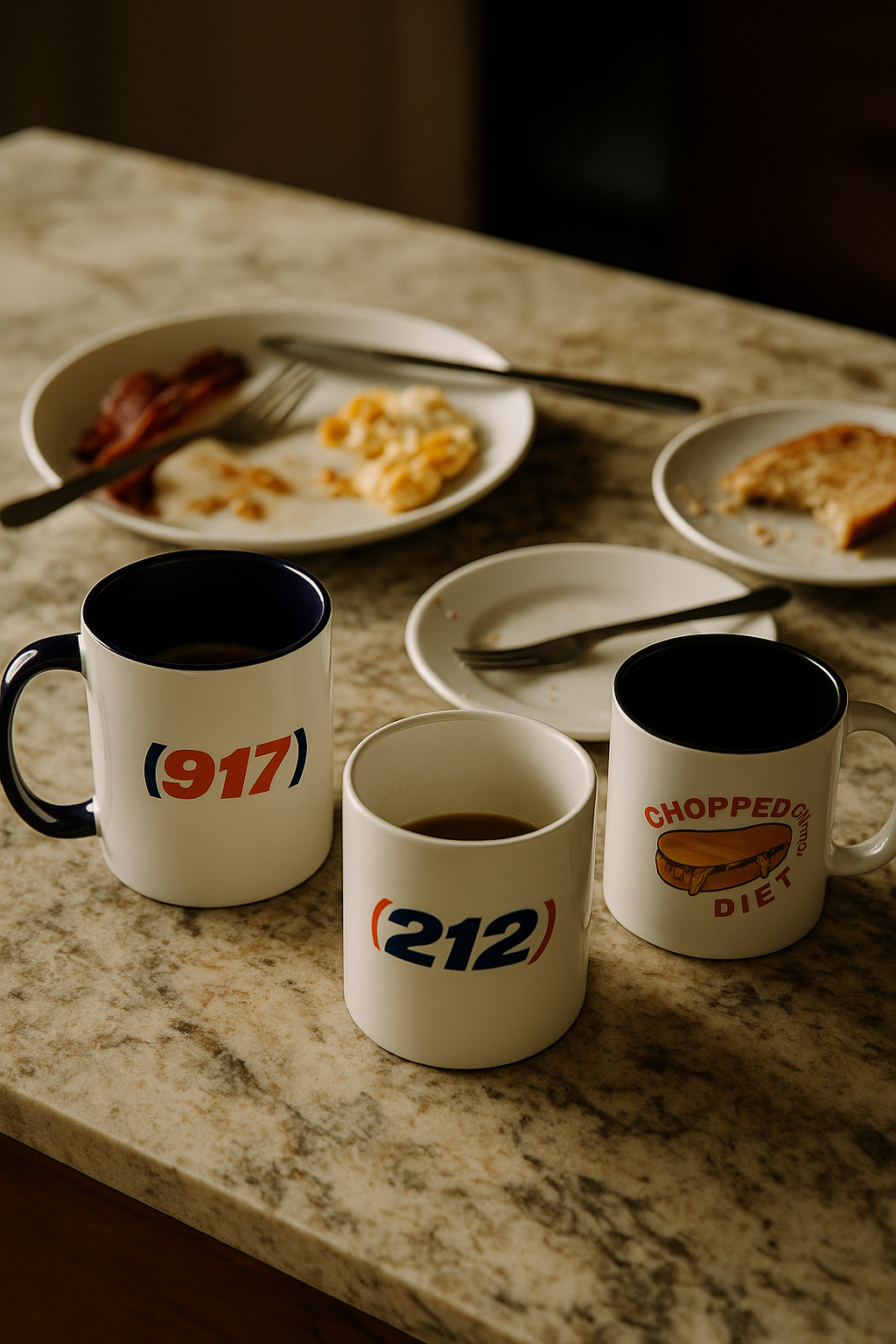 Coffee mugs with the numbers 917 and 212 printed on them sit on a kitchen counter beside breakfast plates with leftovers.