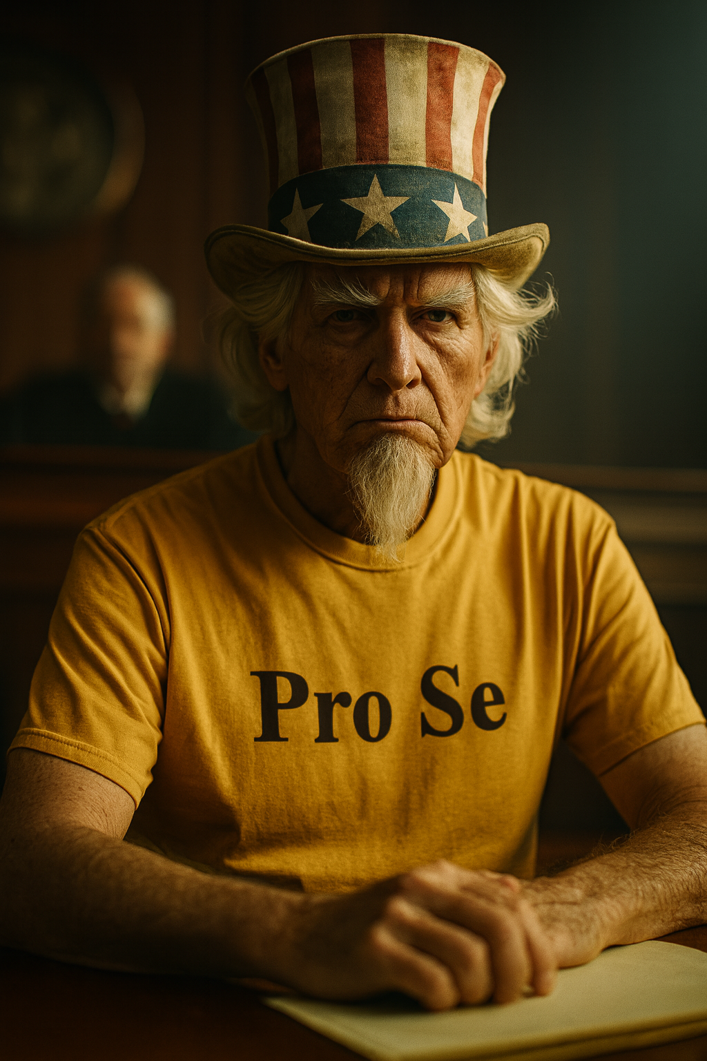 Uncle Sam styled figure sitting in a courtroom wearing a Pro Se T shirt.