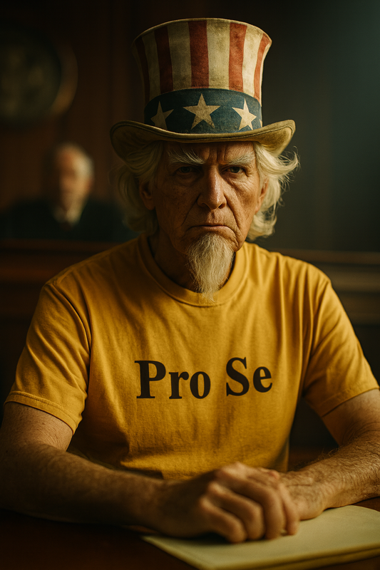 Uncle Sam styled figure sitting in a courtroom wearing a Pro Se T shirt.