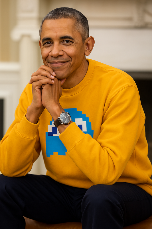 A middle aged man with short gray hair sits leaning forward with his hands clasped, wearing a yellow sweatshirt with a pixel style graphic and a wristwatch, smiling calmly in an indoor setting.