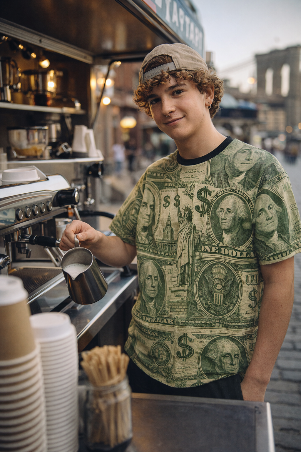 A young barista smiling while pouring milk at a coffee stand, wearing a Dollar Unisex T-shirt printed with US dollar bill graphics.