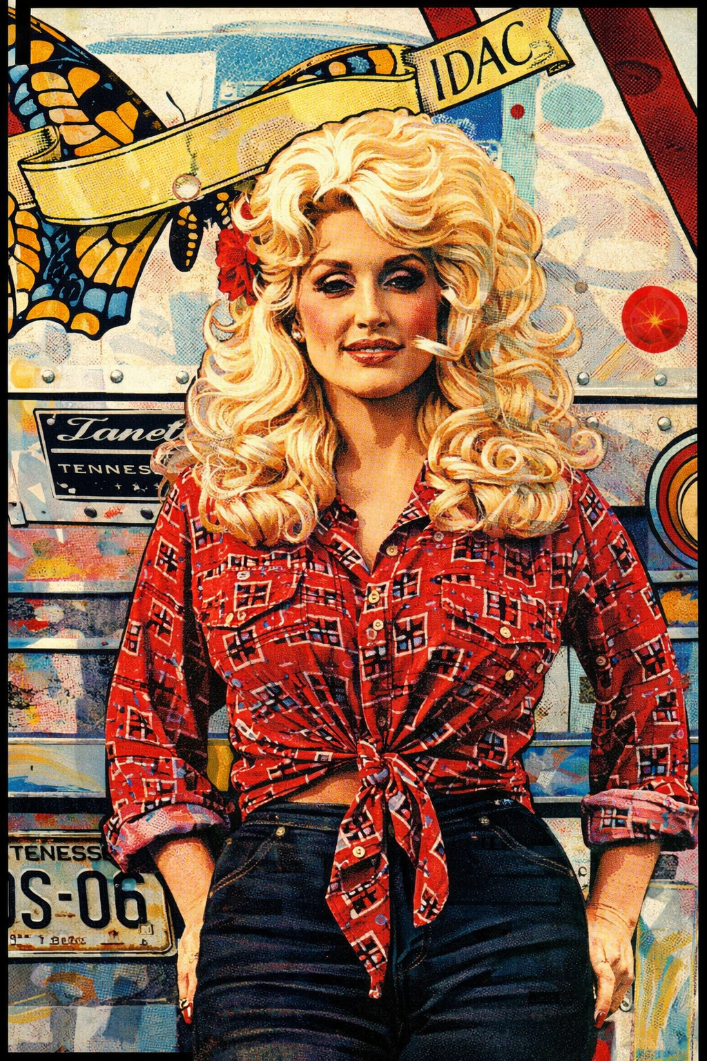 Illustrated portrait of a glamorous country music–inspired blonde woman with voluminous hair, wearing a red patterned tied shirt and dark jeans, standing confidently in front of a colorful vintage tour bus backdrop.