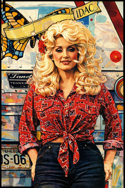 Illustrated portrait of a glamorous country music–inspired blonde woman with voluminous hair, wearing a red patterned tied shirt and dark jeans, standing confidently in front of a colorful vintage tour bus backdrop.