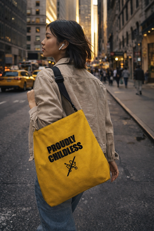 A woman walks through a busy city street carrying a yellow tote bag that reads “Proudly Childless,” conveying confidence and intentional childfree identity in an urban setting.