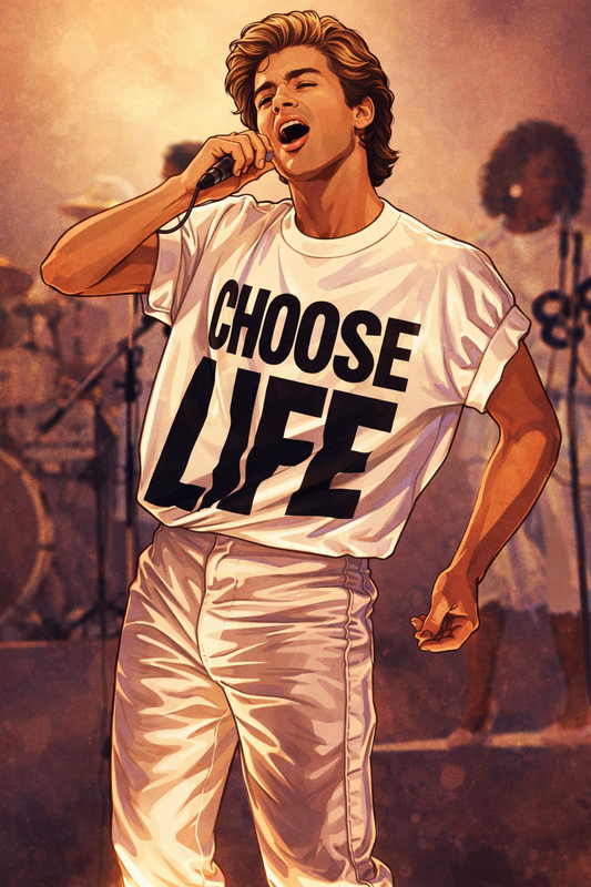 Illustrated pop singer performing on stage, wearing a white T shirt with the words Choose Life, holding a microphone mid song, warm retro concert lighting in the background