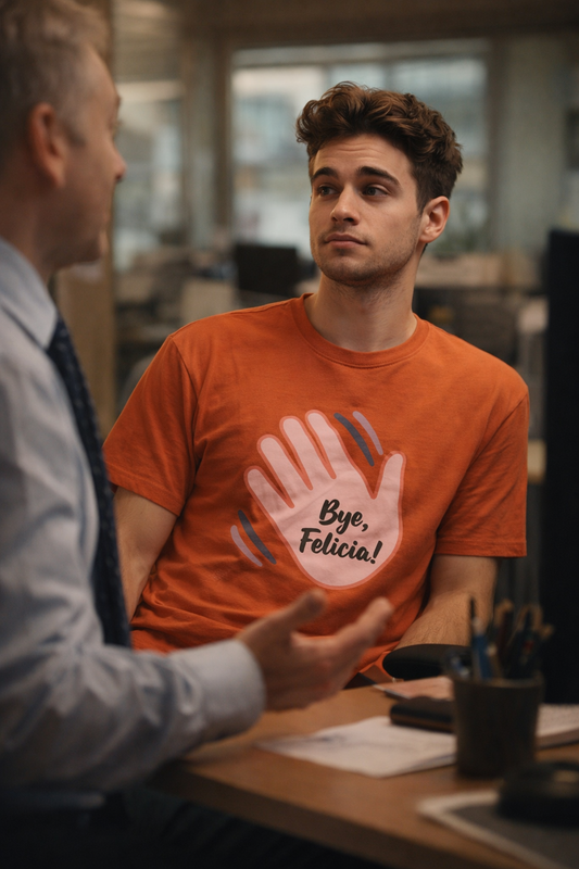 A young man wearing an orange “Bye, Felicia” T shirt sits at a desk, looking unimpressed as an older colleague gestures while talking in a modern office setting.