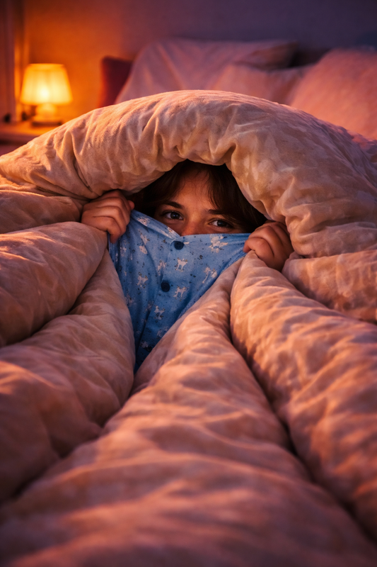 Person tucked under a thick blanket, peeking out in pajamas from a cozy bed lit by warm bedside light
