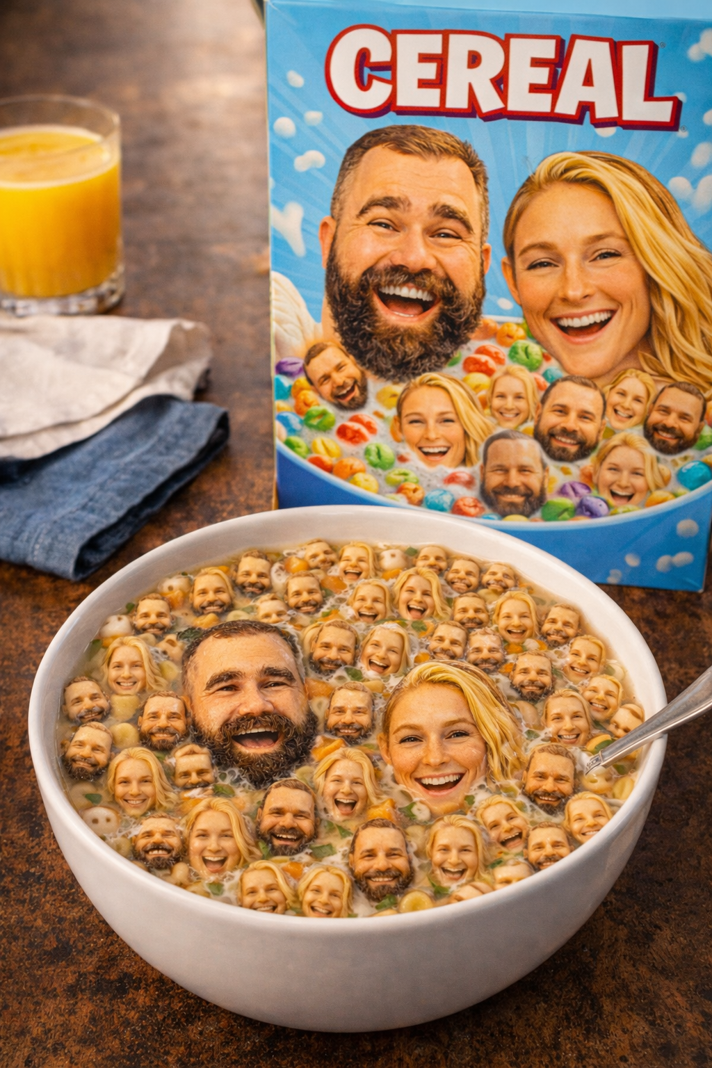 Cereal bowl and cereal box filled with repeated celebrity faces symbolizing manufactured fame and media-driven popularity
