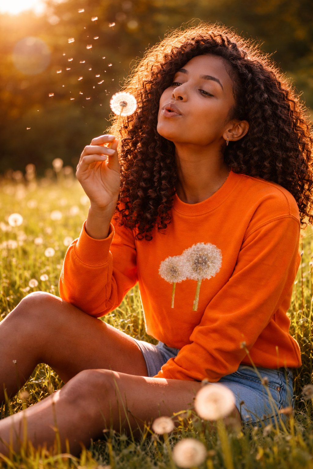 Woman blowing dandelion seed head outdoors wearing dandelion graphic sweatshirt — nature symbolism blog image