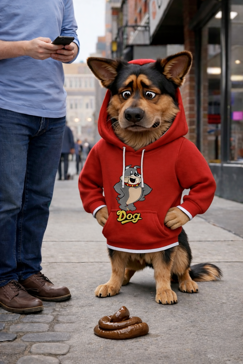 dog wearing red cartoon bulldog hoodie sitting on city sidewalk near dog poop while owner checks phone behind him