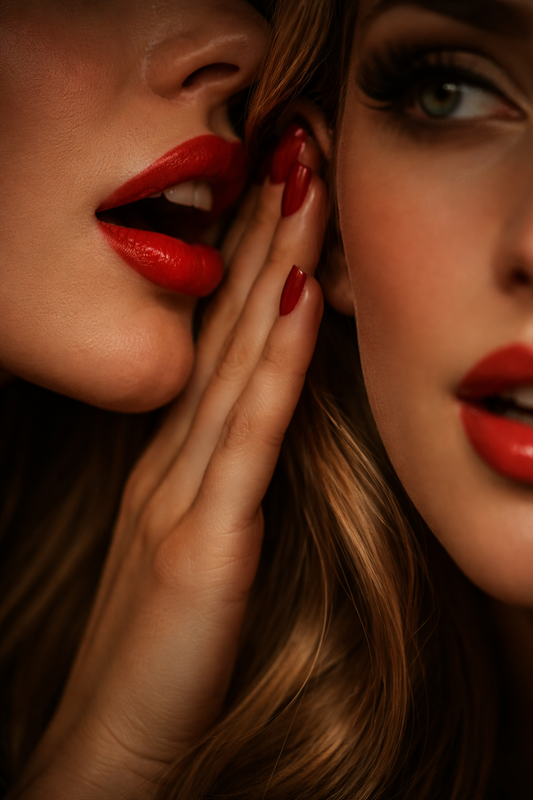 Close-up of one woman whispering with red lips into another woman’s ear, her hand shielding the secret, in dramatic low light.