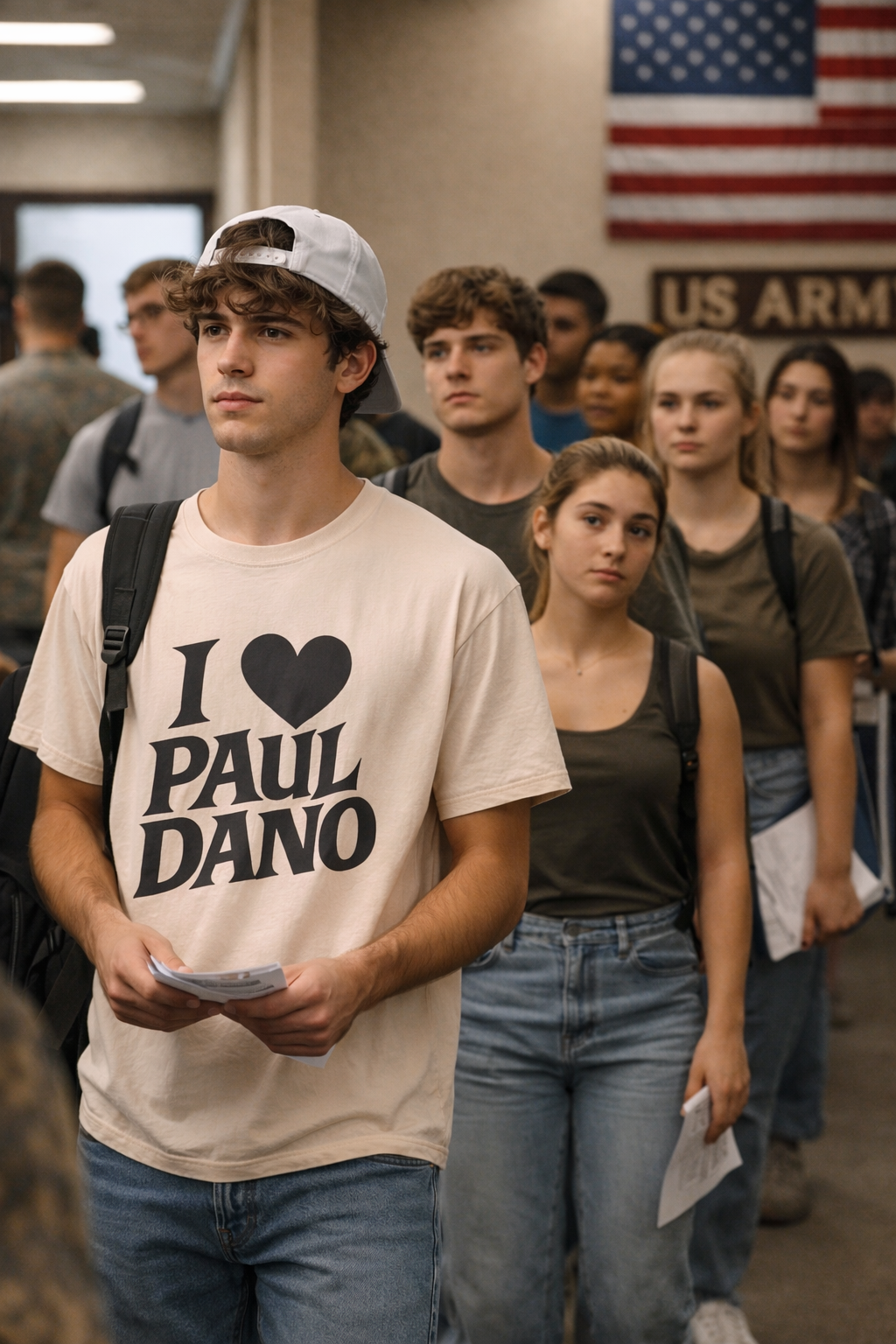 Gen Z man wearing an “I Love Paul Dano” beige T-shirt standing in line with other young men and women to enroll at a U.S. Army recruitment center, holding enlistment papers under an American flag.