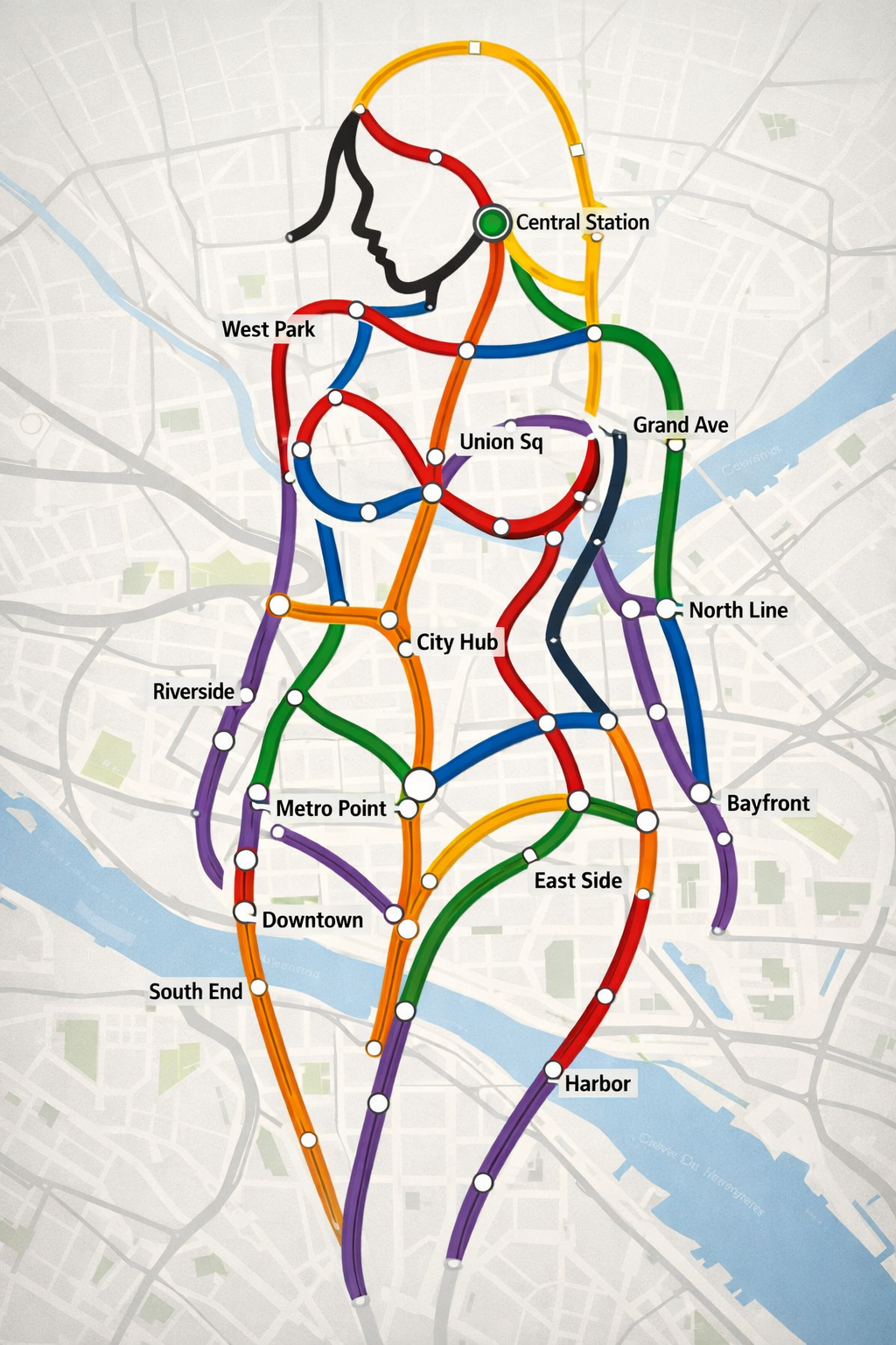 Illustrated city transit map forming the shape of a human body with labeled stations including downtown, symbolizing intimacy and relationship dynamics.