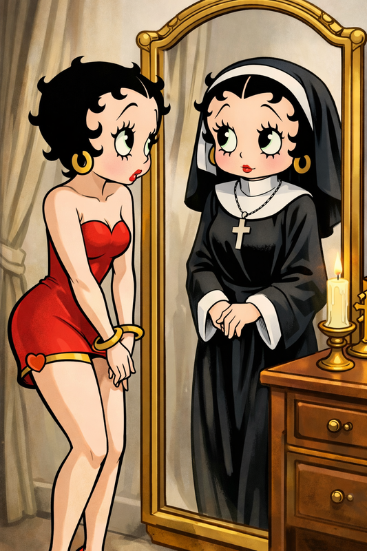 Betty Boop in red dress looking into mirror reflected as a nun, symbolic illustration of dual identity and femininity