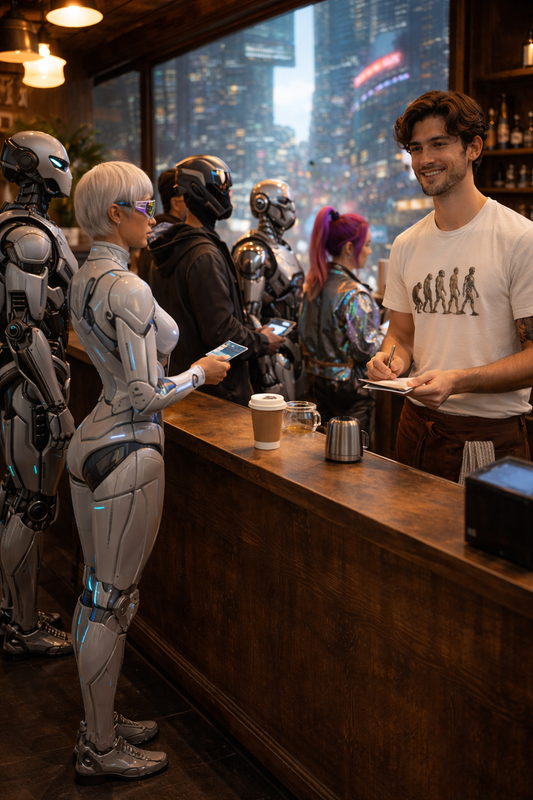Futuristic barista wearing an evolution-to-robot T-shirt serving a mixed line of robots and human customers in a cyberpunk coffee shop.
