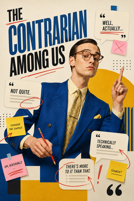 The Contrarian Among Us editorial image featuring a smug man in a blue suit raising one finger while surrounded by correction notes, speech bubbles and red editorial marks.