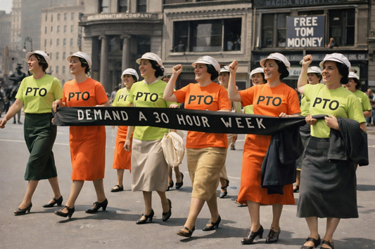 Women in vintage-style labor protest wearing green and orange PTO graphic T-shirts, holding “Demand a 30 Hour Week” banner, vertical 1080x1920 worker rights reenactment image.
