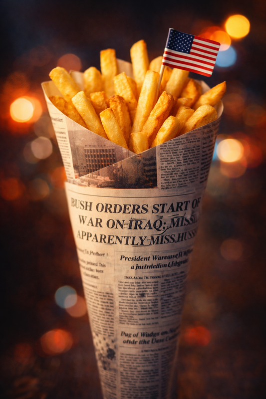 freedom fries newspaper cone with american flag toothpick iraq war protest