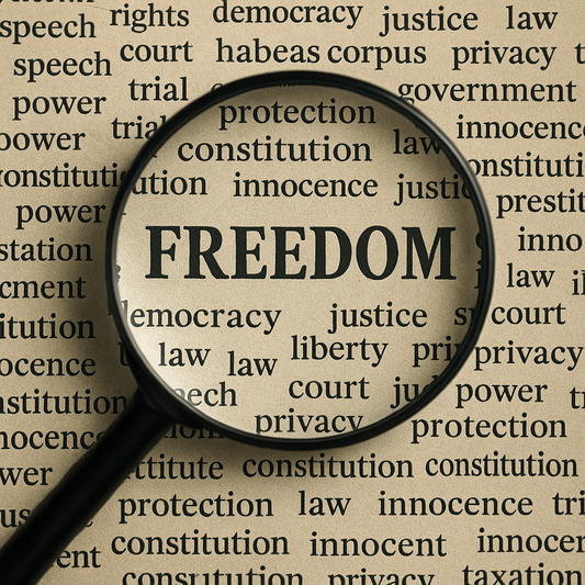 Magnifying glass highlighting the word “FREEDOM” on a page filled with legal terms like justice, law, habeas corpus, and democracy.