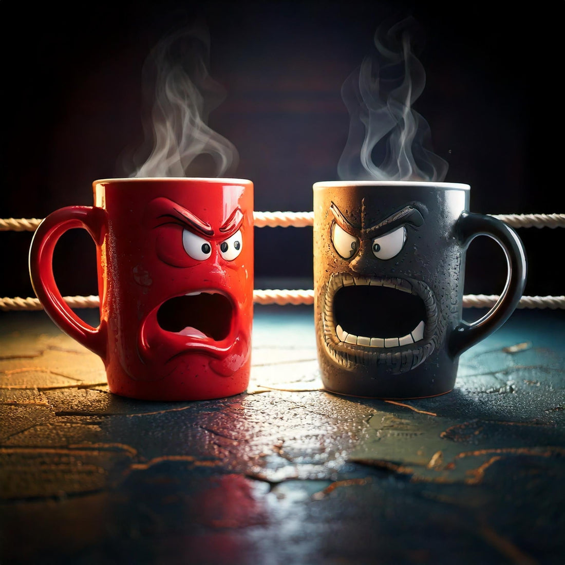 coffee vs tea comparison mugs with steam and expressive faces