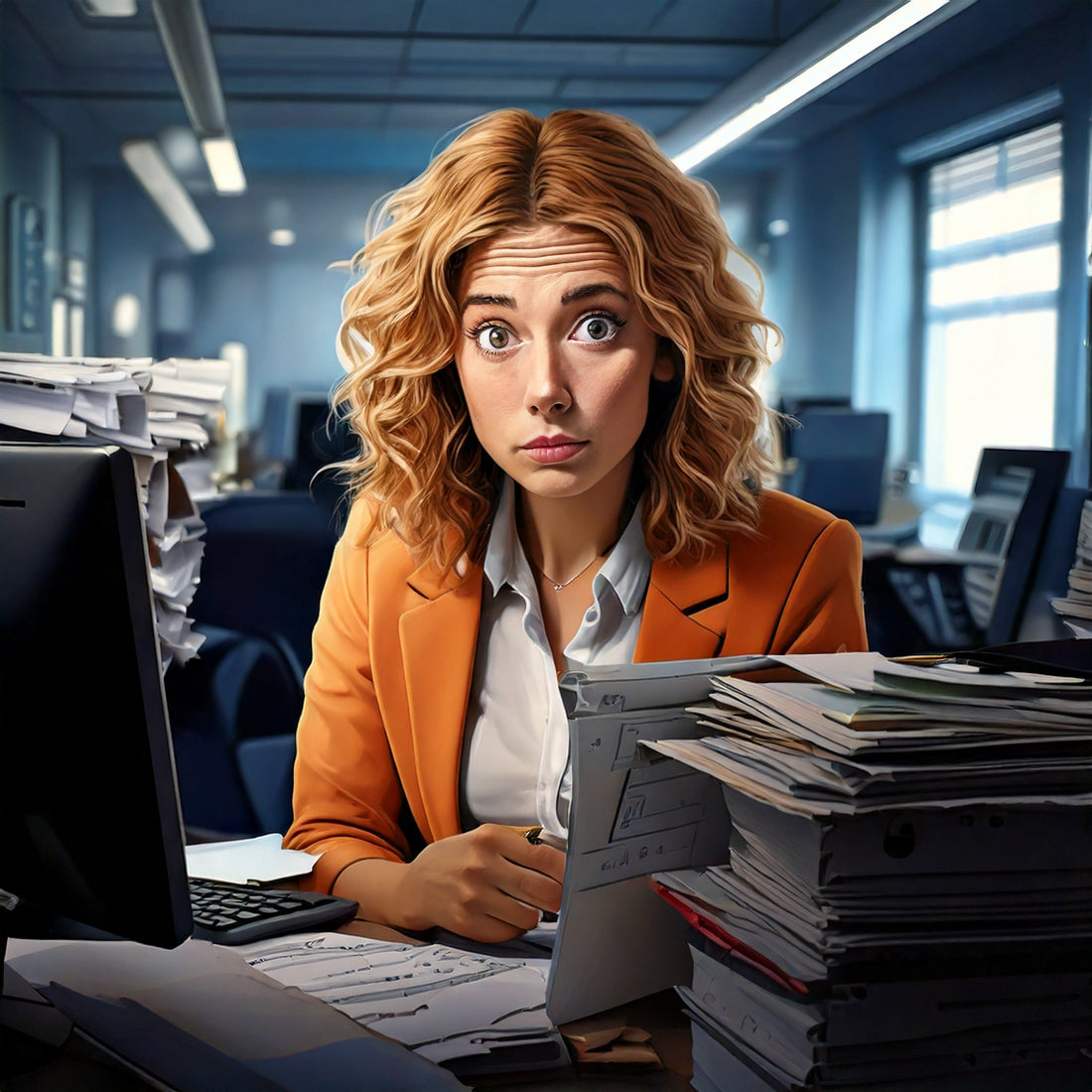 A humorous office scene showing a woman with curly blonde hair in an orange blazer, looking overwhelmed at her desk, surrounded by towering stacks of paperwork.