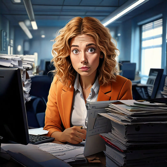 A humorous office scene showing a woman with curly blonde hair in an orange blazer, looking overwhelmed at her desk, surrounded by towering stacks of paperwork.