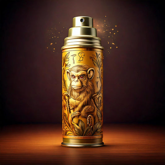 A golden spray paint can decorated with an intricate illustration of an angry, flying monkey surrounded by jungle vines, glowing against a dark background.