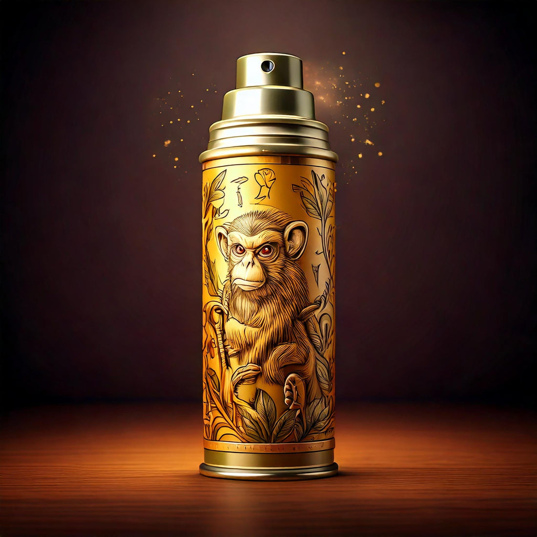 A golden spray paint can decorated with an intricate illustration of an angry, flying monkey surrounded by jungle vines, glowing against a dark background.