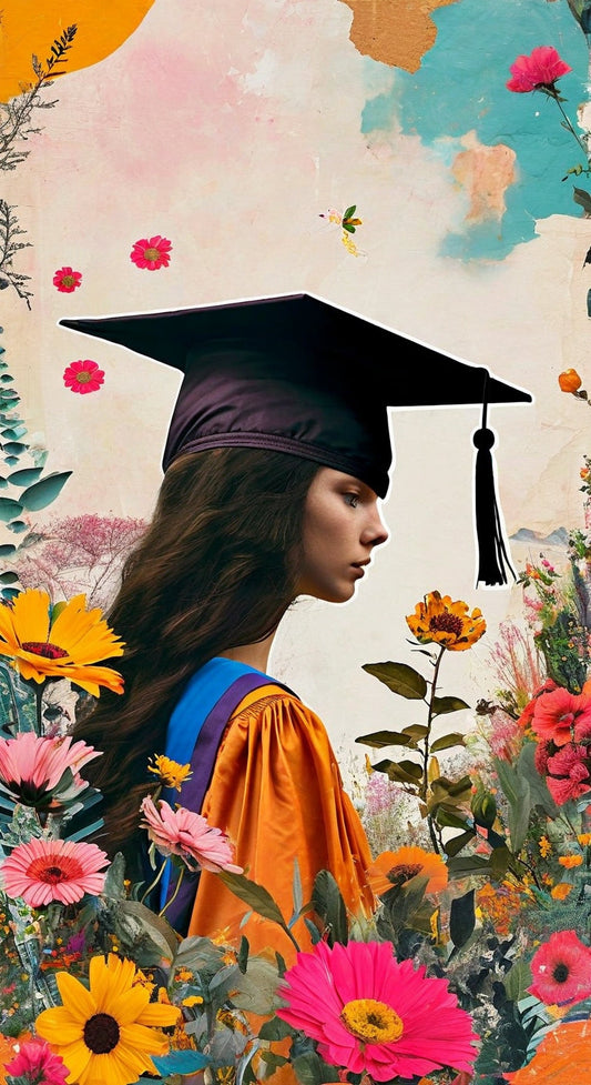 Illustration of a young female graduate in cap and gown, surrounded by flowers, gazing thoughtfully into the distance.