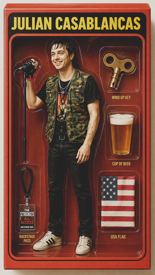 Julian Casablancas action figure toy packaging with microphone wind-up key beer USA flag and The Strokes backstage pass