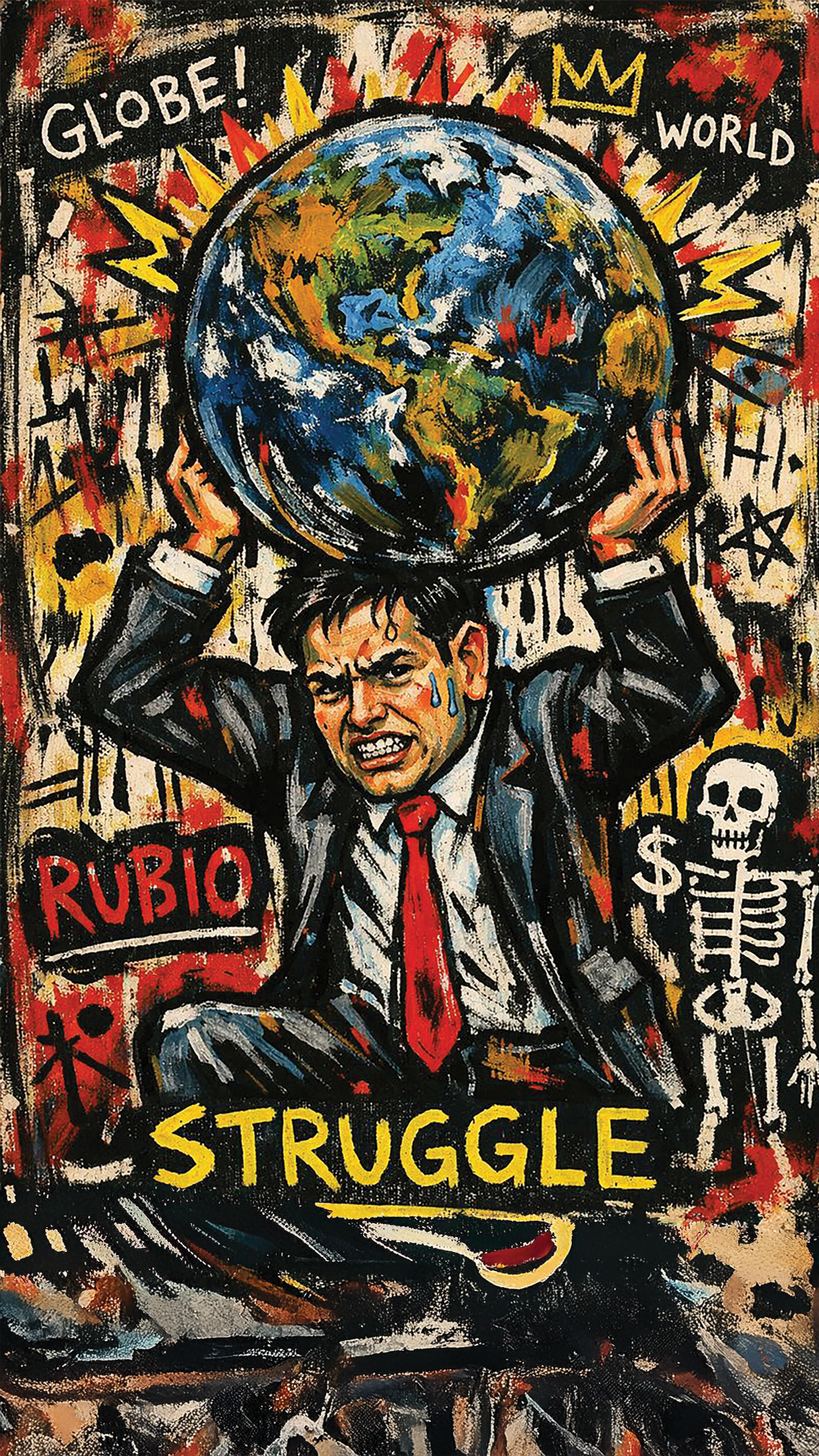 A neo expressionist illustration inspired by Basquiat showing Marco Rubio straining under a massive globe held above his head, surrounded by raw symbols and graffiti style marks.