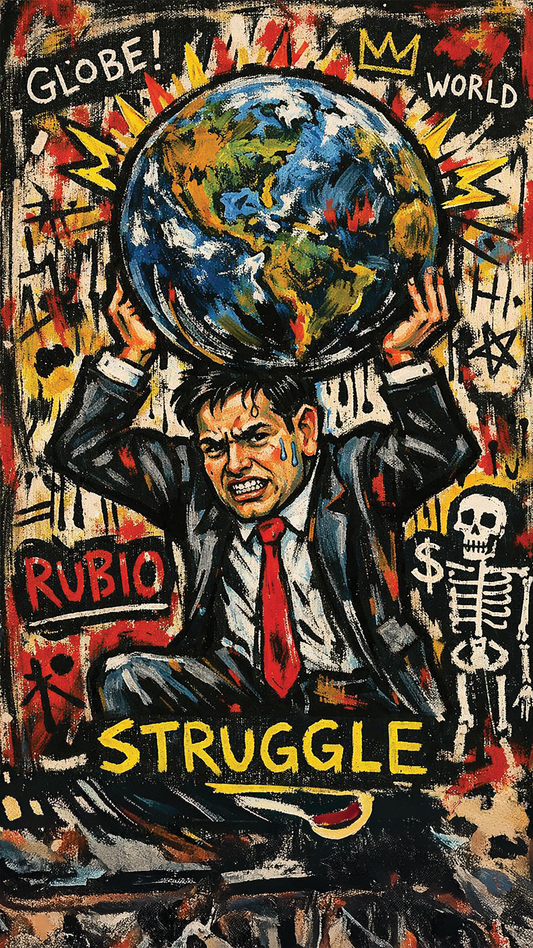 A neo expressionist illustration inspired by Basquiat showing Marco Rubio straining under a massive globe held above his head, surrounded by raw symbols and graffiti style marks.