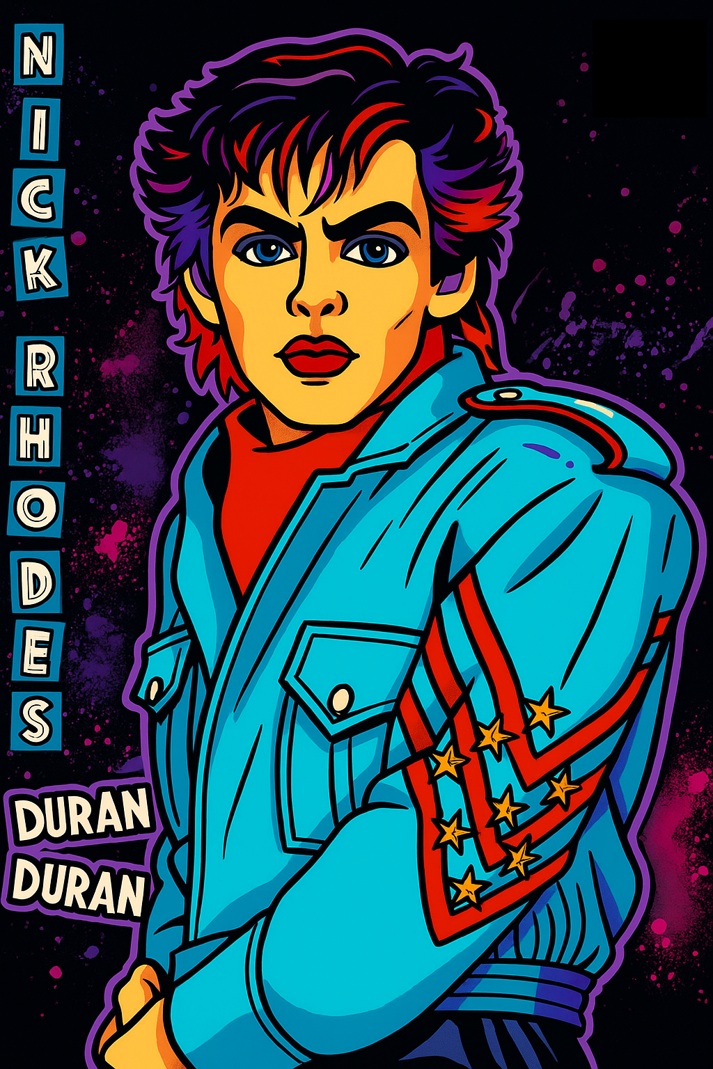 Pop-art illustration of Nick Rhodes from Duran Duran wearing a blue jacket with red and gold stars, bold colors, and a dark cosmic background.
