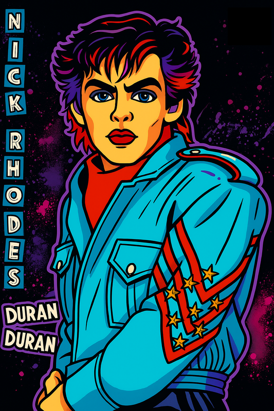 Pop-art illustration of Nick Rhodes from Duran Duran wearing a blue jacket with red and gold stars, bold colors, and a dark cosmic background.