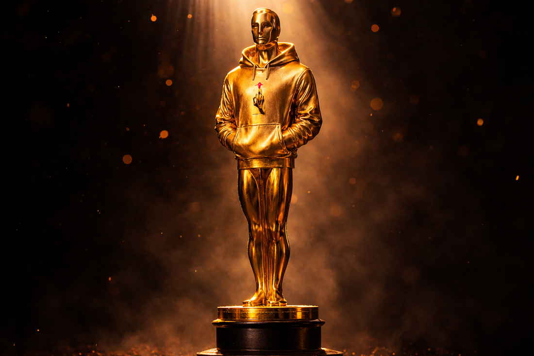 Oscar statue wearing Tantrum Media Store ET crop hoodie under spotlight representing celebrity culture, awards season controversy and cancel culture discussion