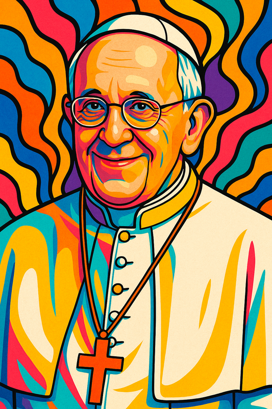 Vibrant pop-art illustration of Pope Francis smiling warmly, set against a colorful, wavy background of bright reds, yellows, blues, and greens.