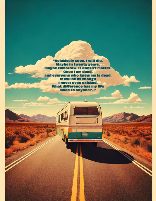 Van driving on an open desert road under a cloud with text in the sky.