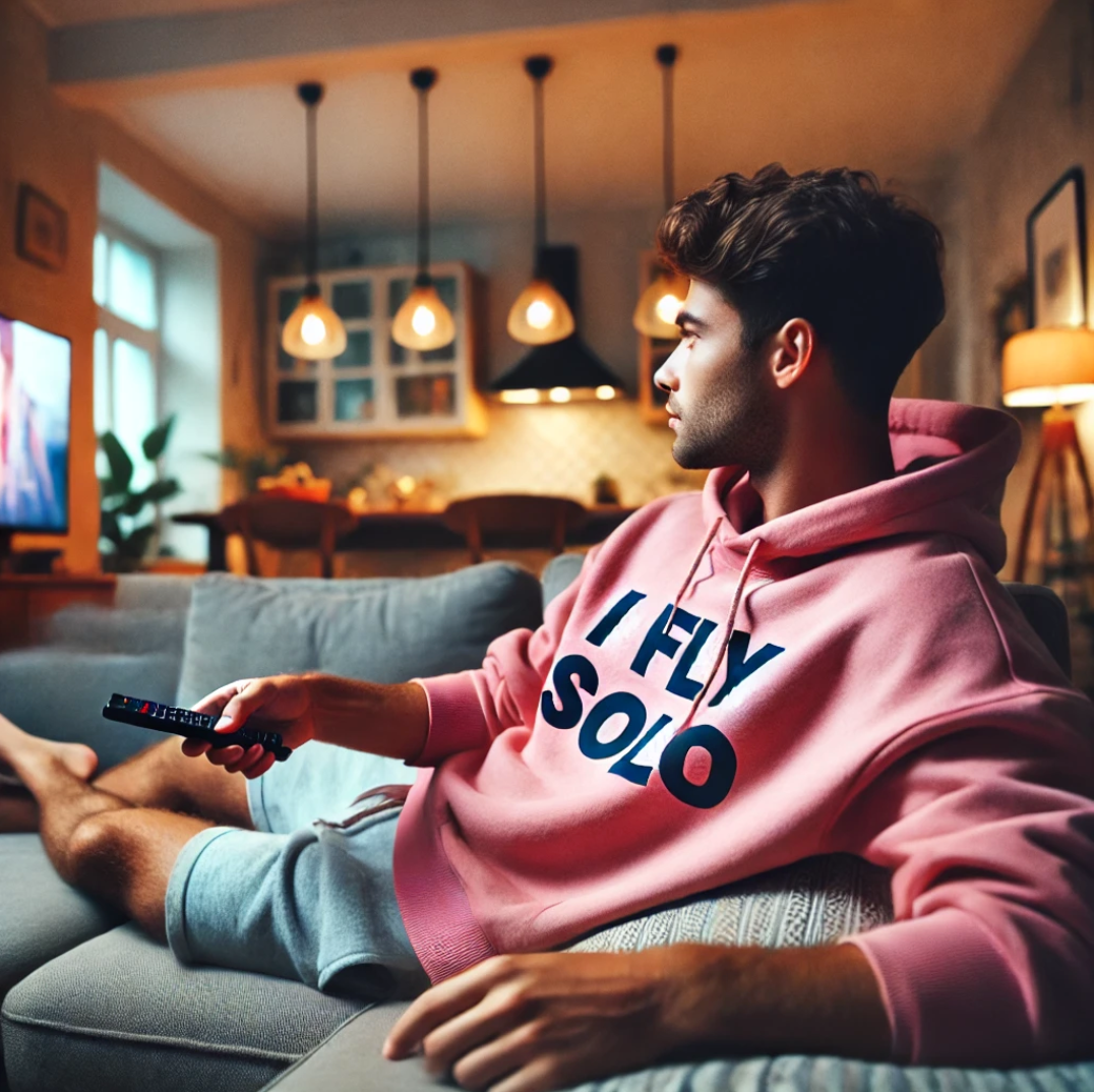 A young man lounges on a couch in a cozy living room, wearing a pink hoodie that reads “I FLY SOLO” while holding a TV remote.