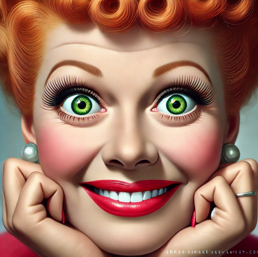 Highly stylized, close-up illustration of a woman resembling Lucille Ball with exaggerated green eyes, red lips, vintage makeup, and red hair styled in classic 1950s curls. She smiles brightly with her chin resting on her hands, wearing pearl earrings.