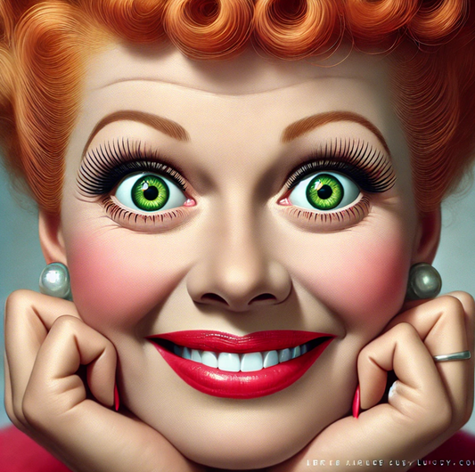 Highly stylized, close-up illustration of a woman resembling Lucille Ball with exaggerated green eyes, red lips, vintage makeup, and red hair styled in classic 1950s curls. She smiles brightly with her chin resting on her hands, wearing pearl earrings.