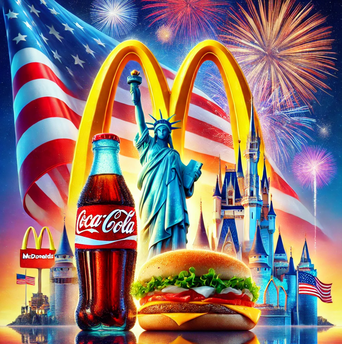 A collage of American cultural icons including a Coca-Cola bottle, a McDonald’s cheeseburger and golden arches, the Statue of Liberty, Cinderella’s Castle from Disney, fireworks, and the American flag in the background.