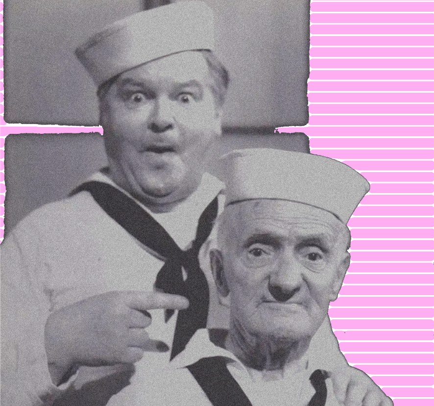 Black-and-white photo of Benny Hill and Jackie Wright dressed as sailors, with Benny humorously pointing at Jackie. A playful pink striped background adds a retro vibe.