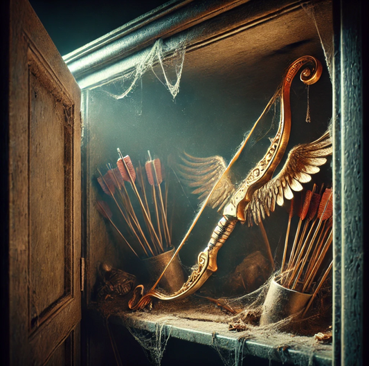 A golden winged bow and quiver of arrows, draped in cobwebs, rest in a dusty wooden cabinet. Sunlight filters through the door, illuminating the ornate details and feathered arrow fletchings.