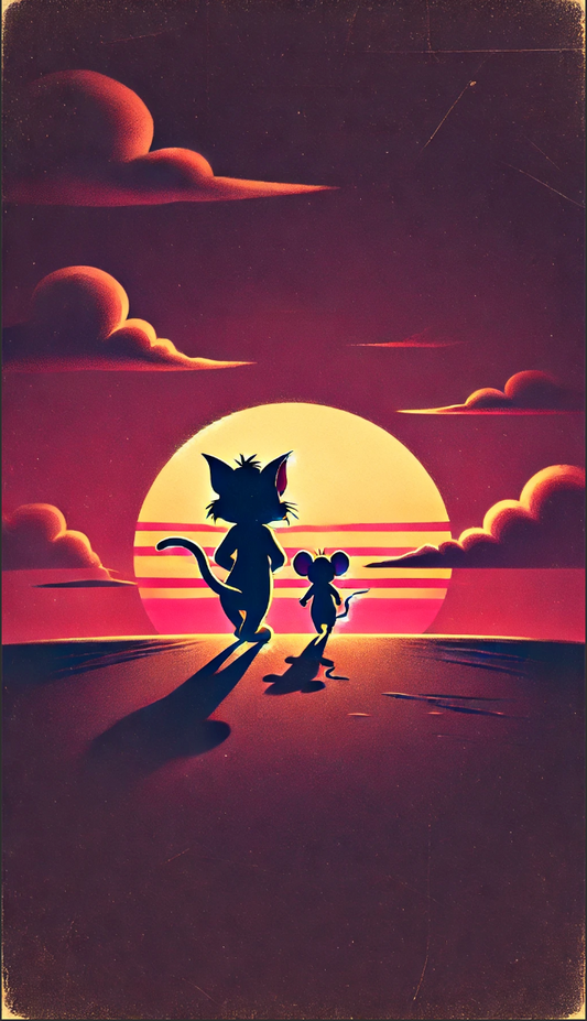 Silhouettes of a mischievous cat and clever mouse walking side by side towards a glowing sunset, set against a vibrant sky filled with deep purples, pinks, and magentas. The minimalist, vintage-style illustration evokes nostalgia and companionship.