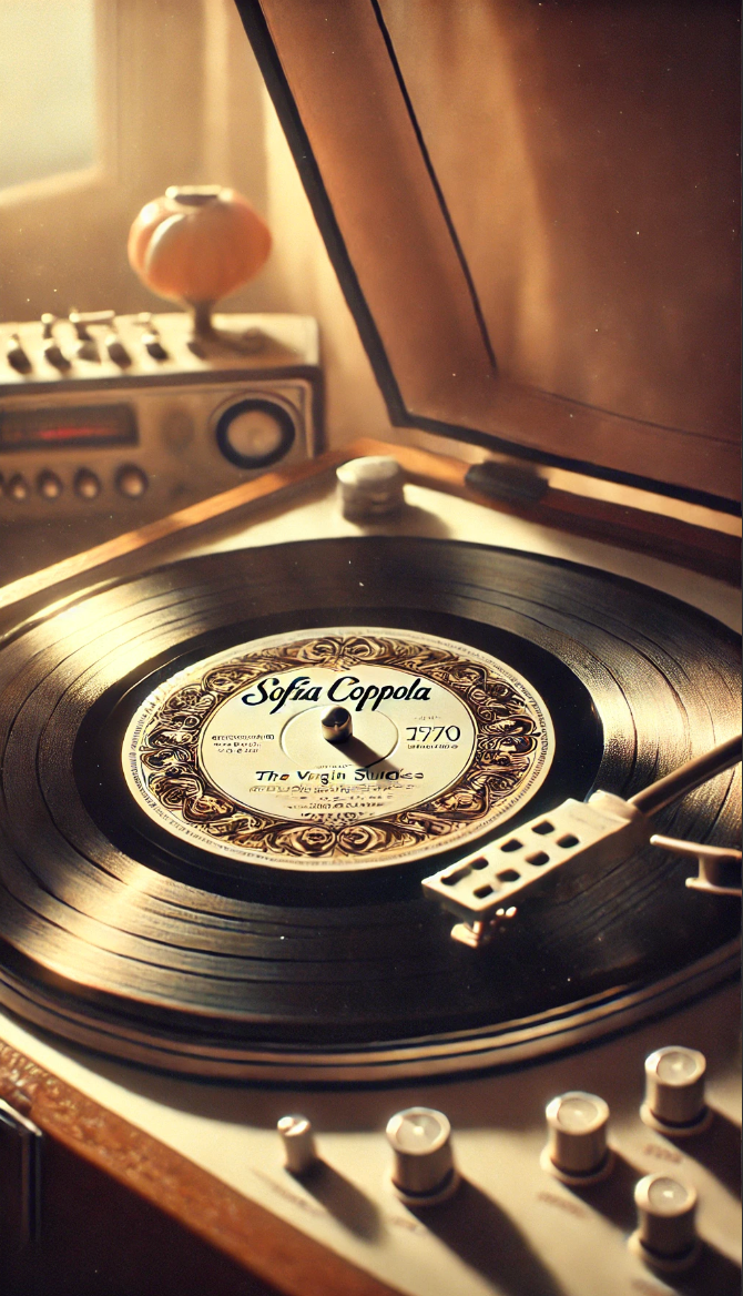 A vintage turntable playing a vinyl record labeled "Sofia Coppola – The Virgin Suicides." The scene is bathed in warm, nostalgic light, with an old radio and a decorative pumpkin in the background, evoking a dreamy, retro aesthetic.